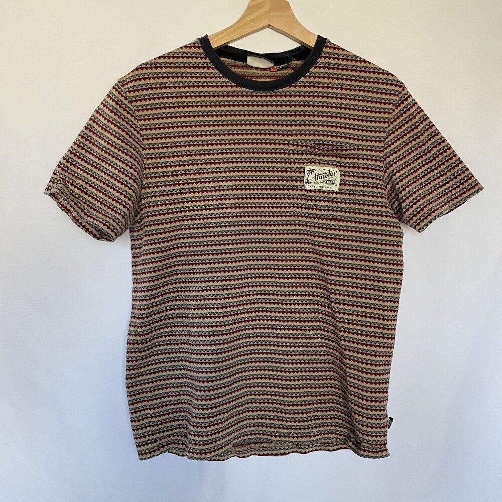 Howler Bros Mens Striped Cotton T-Shirt M red green vintage striped cream pocket